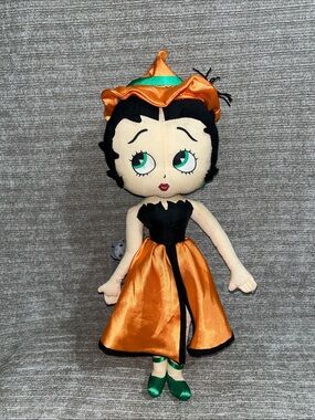Betty Boop Plush Doll Halloween Orange Satin Skirt Bat Spider Witch Hat Toy